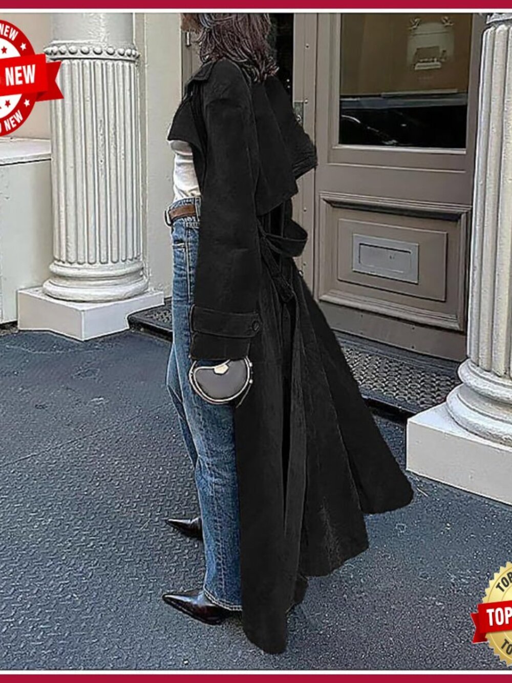 Faux Suede Long Trench Coat Double Breasted Pea Coat Belted Slim Fit - Picture 3 of 7